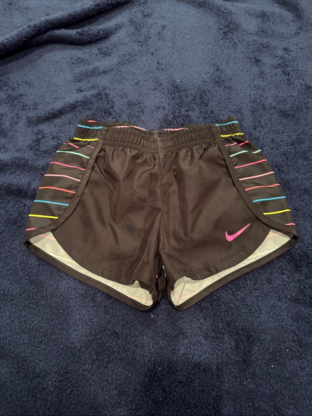 Nike Black Shorts with Pink Swoosh and Rainbow Stripe Panels